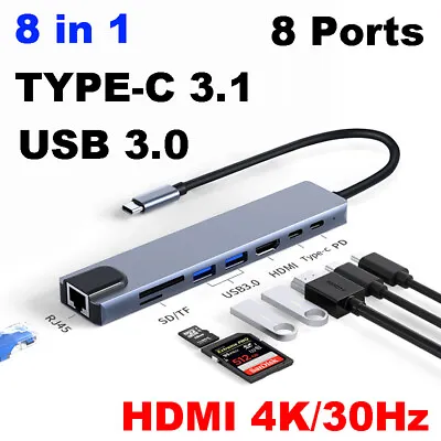 $27.38 • Buy 4K HUB 8-in-1 Multiport Adapter RJ45 Type-C To HDMI 87W USB3.0 USB PD SD/TF