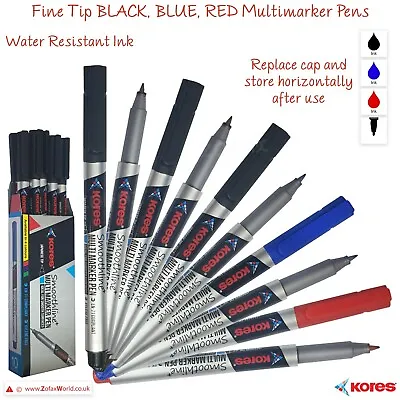 KORES Fine Tip BLACK BLUE RED Permanent CD DVD OHP Multi Marker Pens Waterproof • £2.39