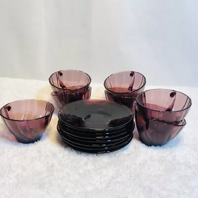 14 Piece France Duralex Rivage Amethyst Purple Swirl 7 Cups 7 Saucers Set Vereco • $47.95