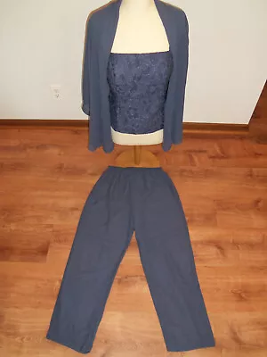 Mother Of The Bride Pantsuit Dresses 3 Pieces Lace Chiffon Jumpsuit Blue SZ 10 • $74.99