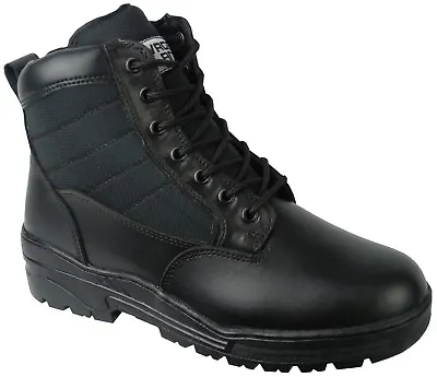 Black SIDE ZIP Leather Army Patrol Combat Mid Boots Cadet Security Military 947 • £28.99
