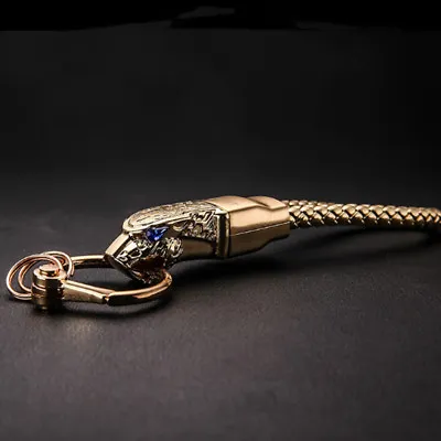 Golden Luxury Panthera Blue Diamond Eye PU Leather Rope Car Keychain Keyring • $14.78