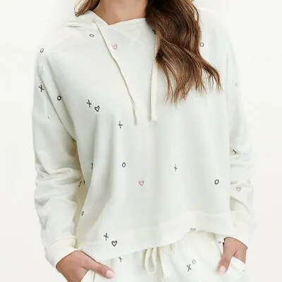 Splendid Womens Knit Heart Embroidered Snowland Ivory Hoodie Oversized Small • £47.50