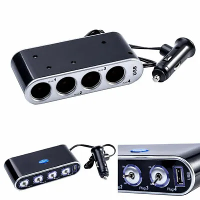 4 Way Car Cigarette Lighter Socket Splitter DC 12V/24V + USB + LED Light Switch • $16.10