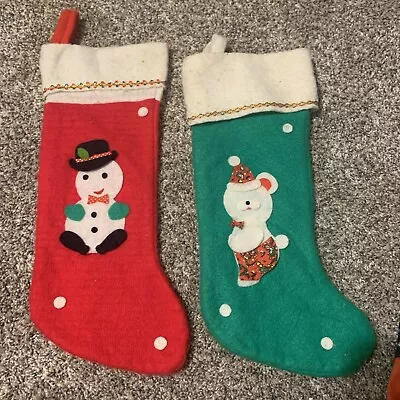 Vintage Teddy Bear And Snowman Christmas Stocking- Felt Green Red White • $9.50