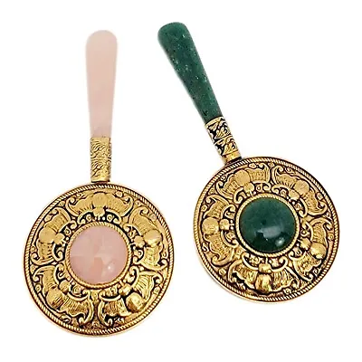 Vintage Rose Quartz Aventurine Brass Embossed Scarab Small Hand Mirror Pair • $55