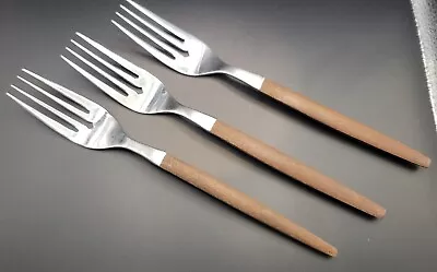 Ekco Eterna Canoe Muffin 3 Salad Forks Stainless Flatware MCM Wood Look ~7”JAPAN • $26.95