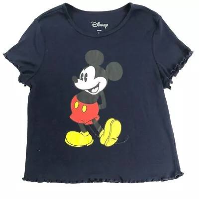 Disney Mickey Mouse Navy Blue Crop Top Feminine Ruffle Short Sleeve Misses L • $12.75