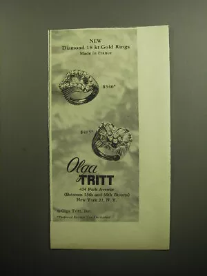1958 Olga Tritt Jewelry Advertisement - Diamond 18 Kt Gold Rings Made In France • $19.99