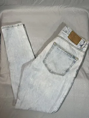 Zara Mens Distressed Skinny Acid Wash Blue Denim Jeans Yellow Stitch Size US 31 • $10.99