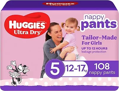 Huggies Ultra Dry Nappy Pants Girl Size 5 (12-17kg) (2 Pack Of 54) • $90