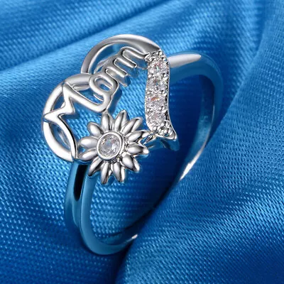 925 Silver Sunflower Heart Mom Ring Women CZ Jewelry Mother's Day Birthday Gifts • $1.64