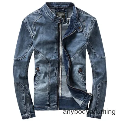 Men Denim Coat Stand Collar Slim Fit Jeans Motorcycle Jacket Casual Outwear Tops • $55