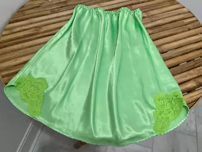 VINTAGE SLIP SKIRT LINGERIE SHINY SATIN NEON GREEN By FARR WEST Hand Dyed LARGE • $14.25