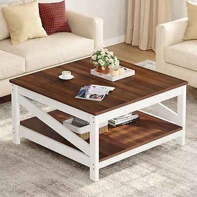 Farmhouse Coffee Table With Storage 2 Tier Square Cocktail Table For Living Room • $71.98