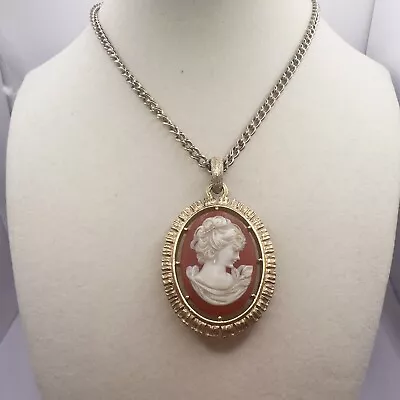 Vintage Avon 1960s Carved Resin Cameo Gold Tone Pendant Necklace 24  • $18