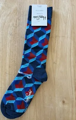 Happy Socks Mens Classic Crew 10-13 (Shoe Size 8-12) Blue Geometric Shapes • $10.99