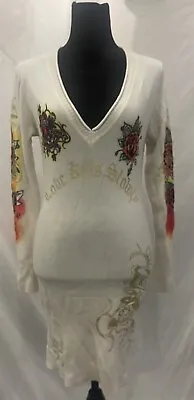 Ed Hardy T Shirt Dress M Long Sleeve White Rhinestones Y2K 00s Love Kills Slowly • $85