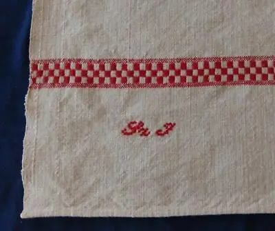 Antique Homespun French Linen Towel Red Embroidery Monogram Kitchen Dish • $31.99