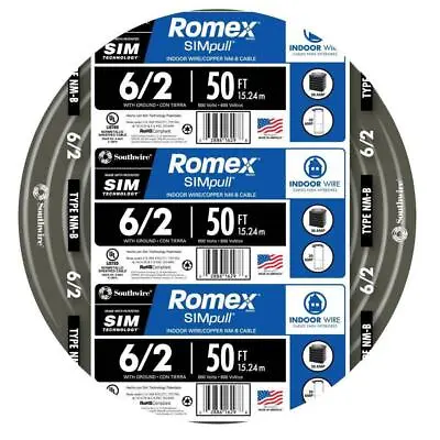 Southwire NM Wires 50 Ft. 6/2 Stranded Romex SIMpull Black Color-Coded Jacket • $161.74