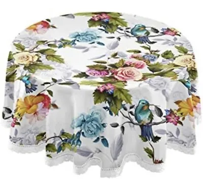 Blue Hummingbird Round Tablecloth 60 Inch Washable Polyester Lace Trim • $28