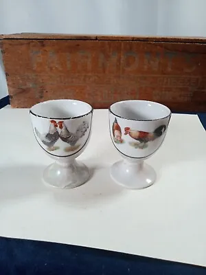 Vintage Rooster Chicken Egg Cups Marked Germany Set Of 2 Lustre Green Bases • $12