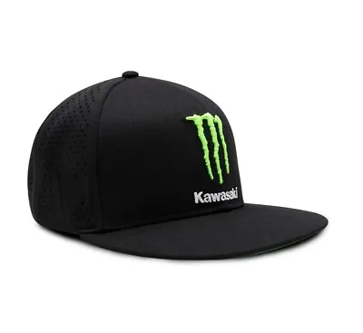 Monster Energy Kawasaki Perforated 6 Panel Flat Bill Snapback Hat In Black • $34.95