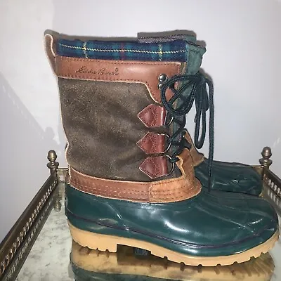 Eddie Bauer Boots Womens 7 Green Fleece Snow Rain Leather Trim Tartan Duck • $28