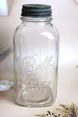 BALL Half Gallon SQUARE #13  Ribbed MASON Jar Zinc Porcelain Lid 1933-1962 -VTG • $50