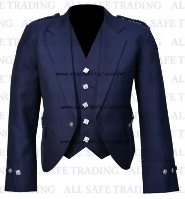 Scottish Blue Argyle Kilt Jacket With Waistcoat/Vest - Sizes 36 - 54  • $59.99