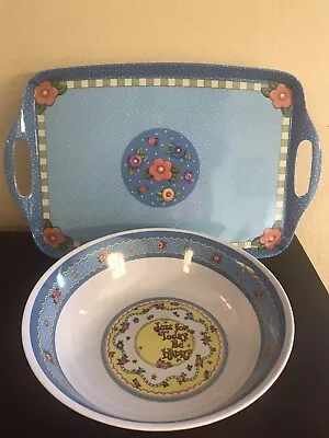 Mary Engelbreit 2 Piece Set Melamine Tray & Large Serving Bowl Blue Flowers • $19.99