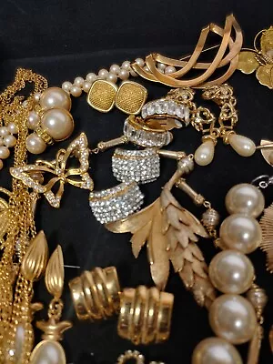 Vintage Gold Tone Faux Pearl Rhinestone Costume Jewelry Lot Signed Unsigned • $21.50