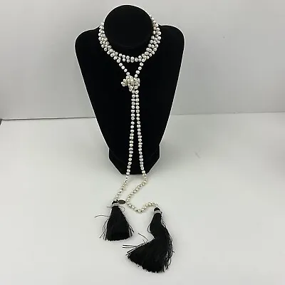 Vtg Zacasha Genuine Baroque Pearl Lariat Necklace Black Knotted Cord Tassels • $29.99