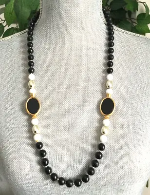 Vintage TRIFARI White & Black Enamel Gold Tone Large Bead  Statement Necklace • $19