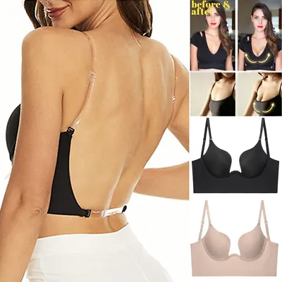 Womens Low Back Bra Wire Lifting Deep U Shaped Plunge Backless Push Up Bras A~D • £17.99