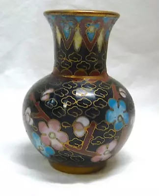 Vintage Miniature Cloisonnée Cherry Blossom Pattern Black Background Footed Vase • $22.99