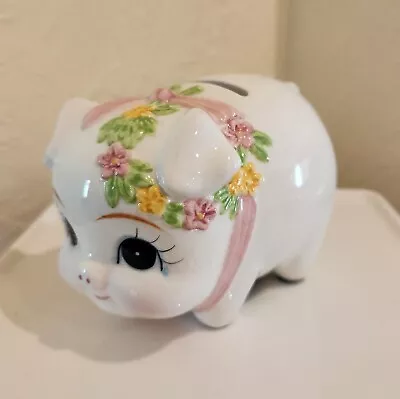 Vintage Lefton Piggy Bank Ceramic Raised Flowers • $18