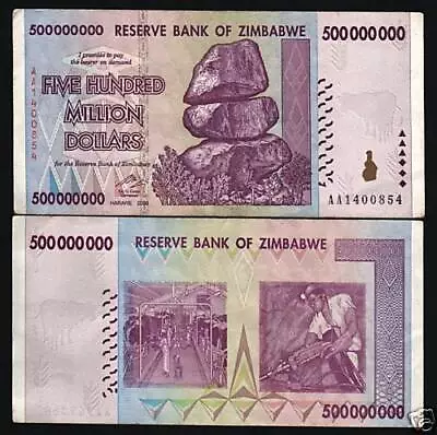 Zimbabwe 500 Million Dollars Banknotes Used • £3.55