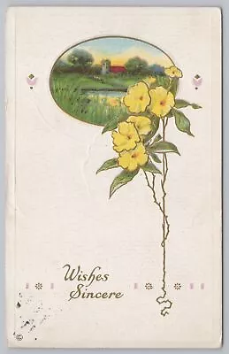 Art Deco Gold Wishes~Yellow Flowers~Lake Scene~Textured~Emb~Stecher 330B~1913 PC • $2.80