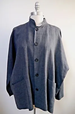 ESKANDAR Blue White Woven Linen Blend Button Front Nehru Collar Jacket Size 0 • £313.67