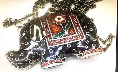 Vintage Cloisonne Elephant Pendant Necklace ~ Colorful Enamel Silver Tone Chain • $15.95