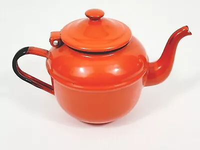 Vintage Small Orange Red Black Enamel Kettle Teapot Poland #12 • $35.99