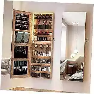  Hanging/Over The Door Mirror Jewelry Cabinet With LED Lights Lockable Brown • $143.56