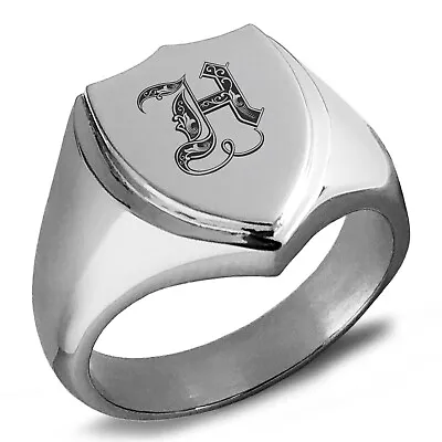 Stainless Steel Letter H Initial Royal Monogram Shield Crest Mens Signet Ring • $15