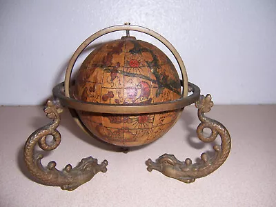 Vintage Wooden World Globe W/ Brass Ancient Dolphin Serpent Base 6.5  Wide • $19.99