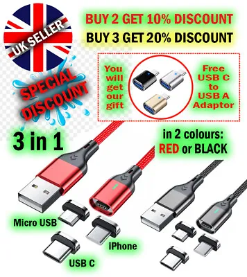 £4.99 • Buy 3 In 1 Magnetic Charger Cable For IPhone/USB C/Micro USB | Fast Charge | 1 Metre