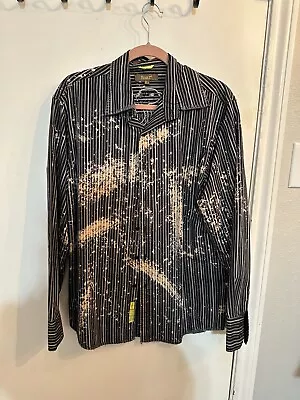 ROAR Mens Black Embroidered Button-Up Dressy Dragon Splatter Shirt Large L • $24