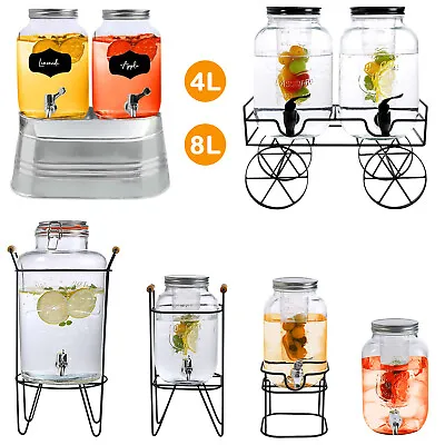 4L/8L Glass Vintage Beverage Drinks Dispenser On Metal Stand Cocktail Jar & Tap • £26.85