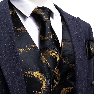 Mens Waistcoat Black Blue Red Paisley Dress Vest Neck Tie Hankie Set Suit Tuxedo • $23.99