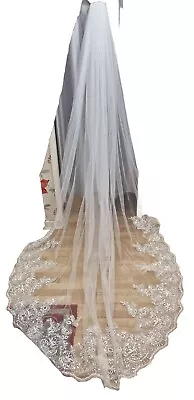 White Long Wedding Veil With Silver Sequins Length From Hair Comb 120 Inches. • £20